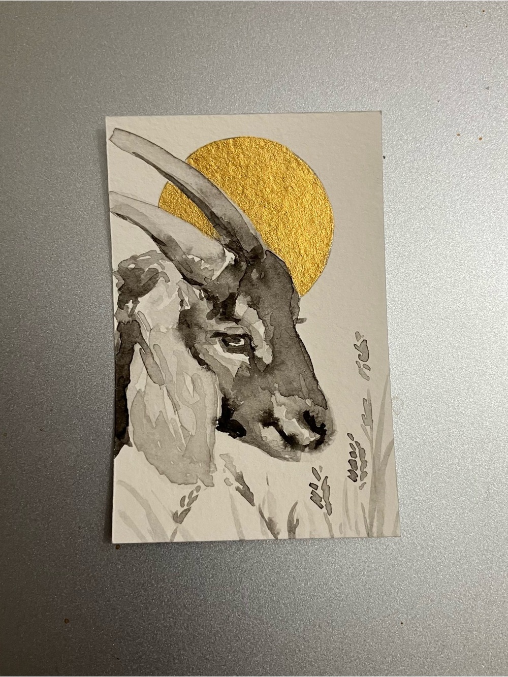 Original goat miniature realism painting sumi-e style art farm gold accents USA